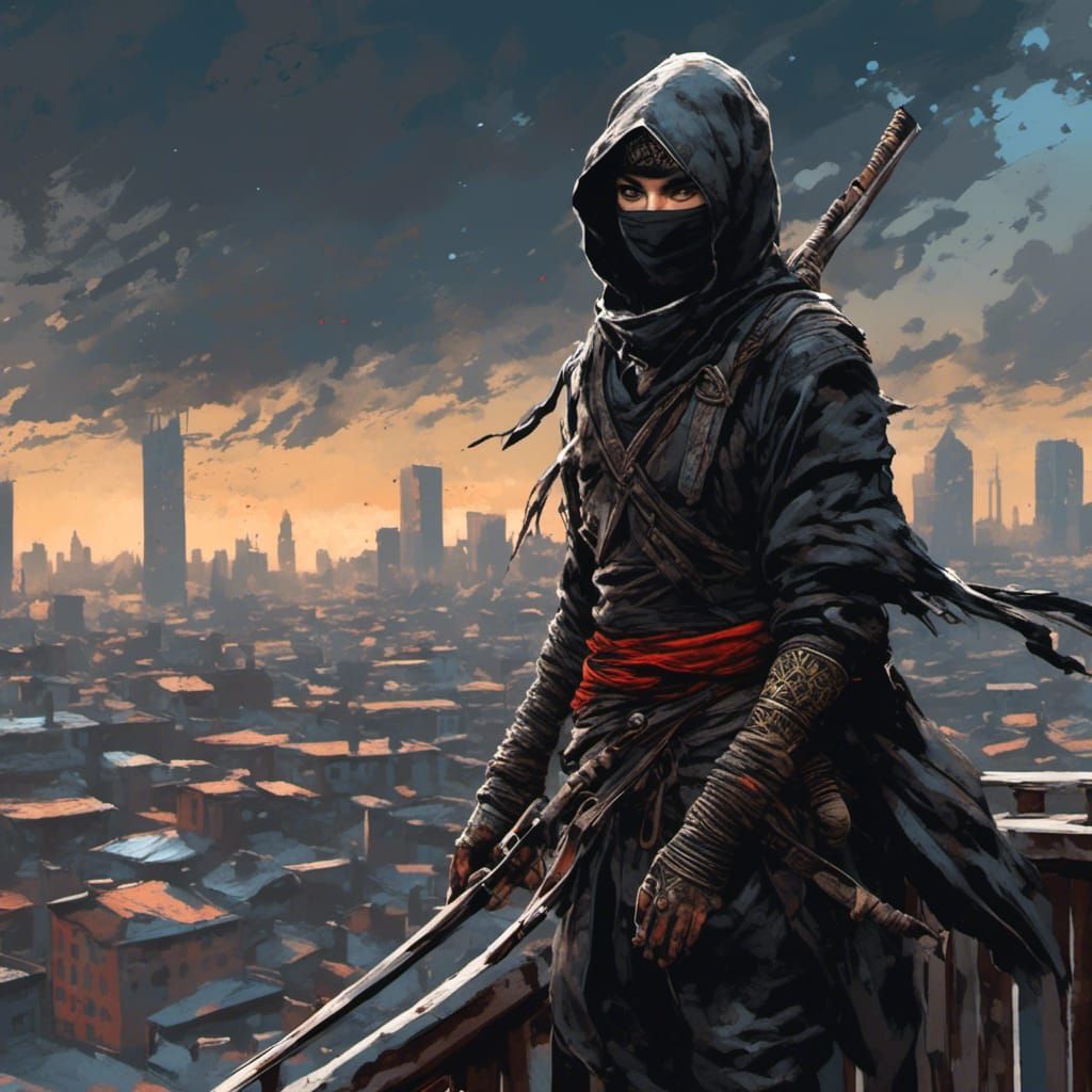 Fierce Ninja on Rooftop in Splatter Graffiti Style
