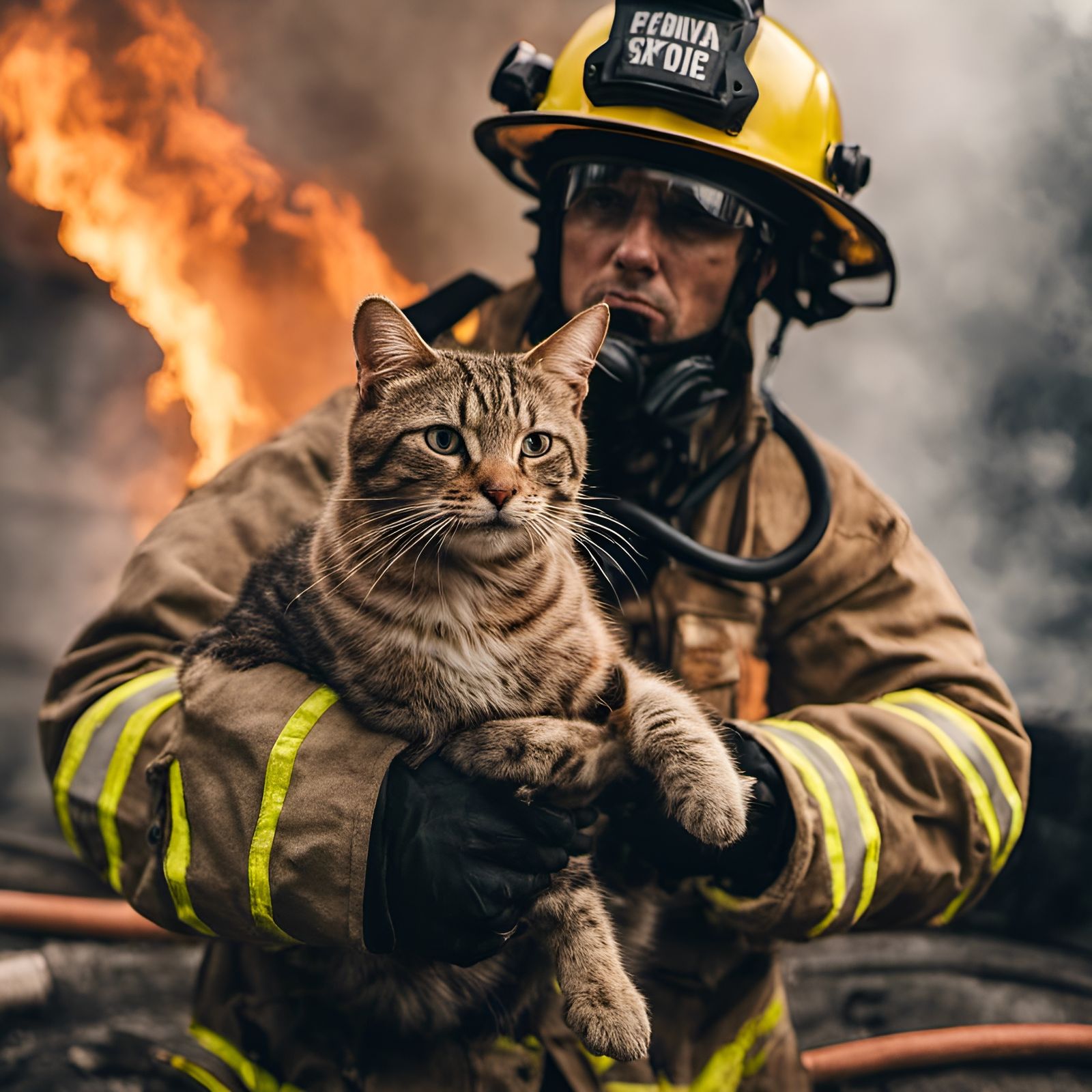 Firefighter Rescues Cat: Hyperrealistic Action Photography