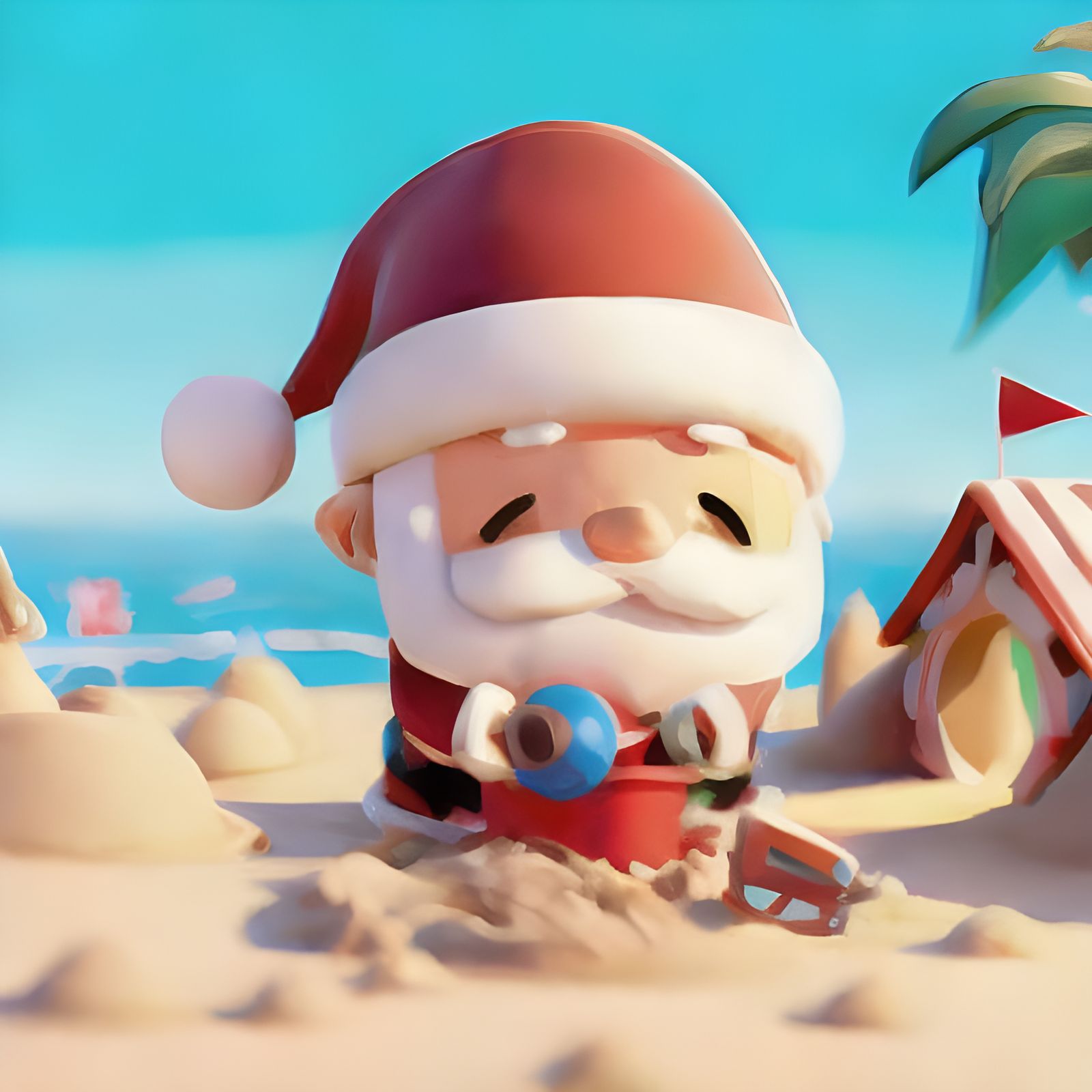Chibi Santa Claus Builds Sandcastle: Pixar-Style Illustratio...