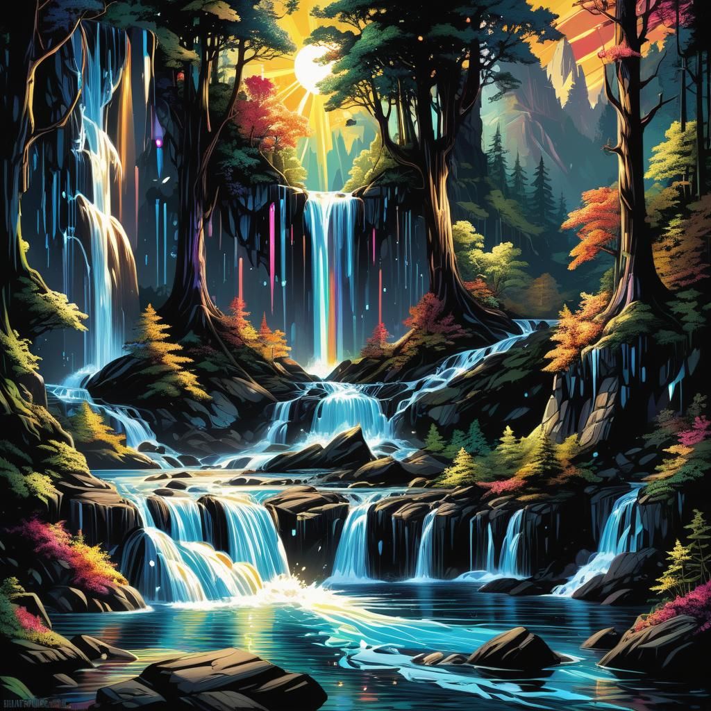 a surreal forest, rushing waterfalls tumbling into a huge sh...