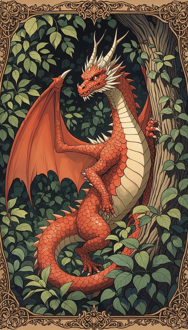 Vibrant Red Dragon Coiled in Lush Foliage