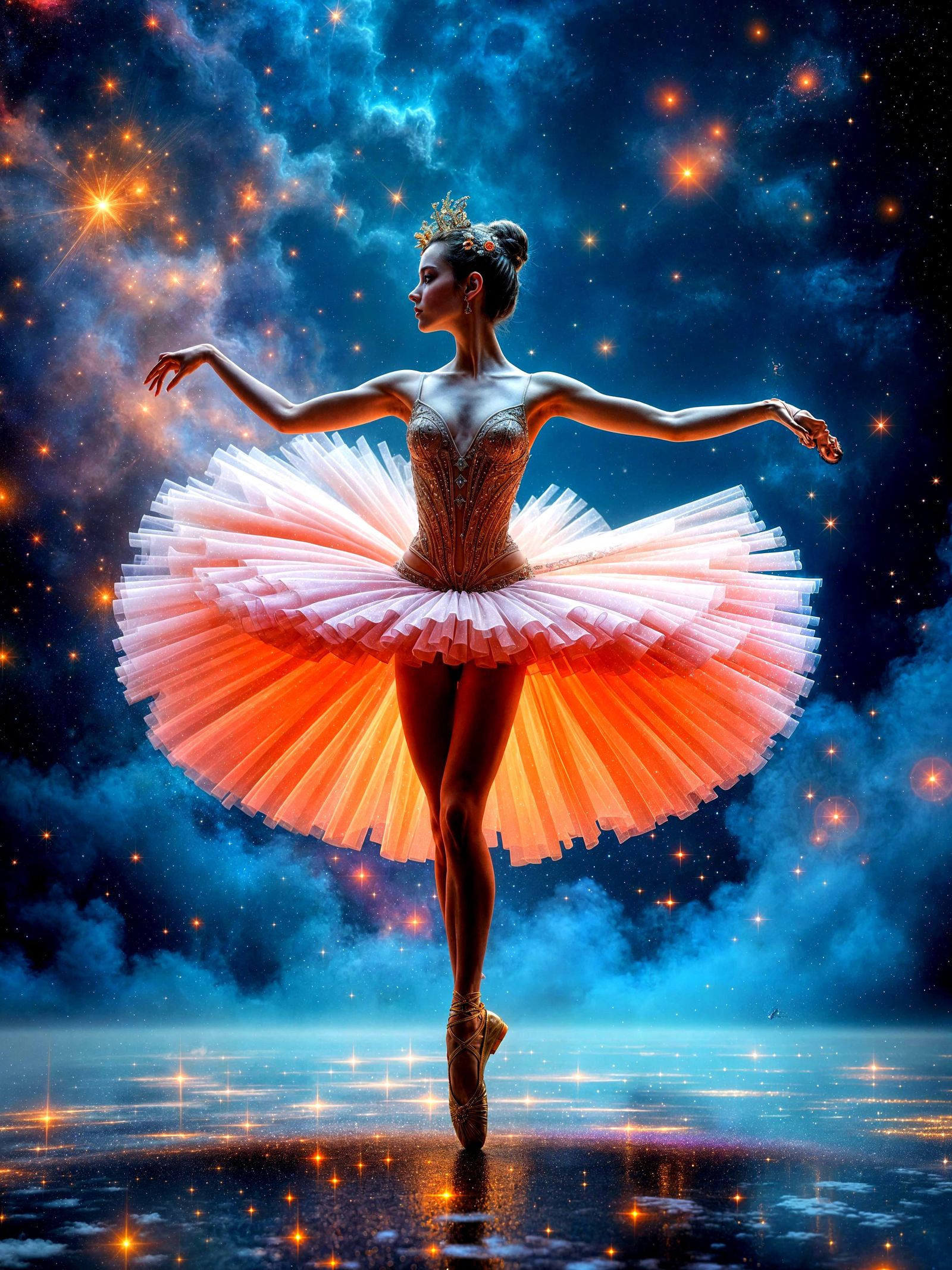 Ballerina Dances on Cosmic Nebula Stage