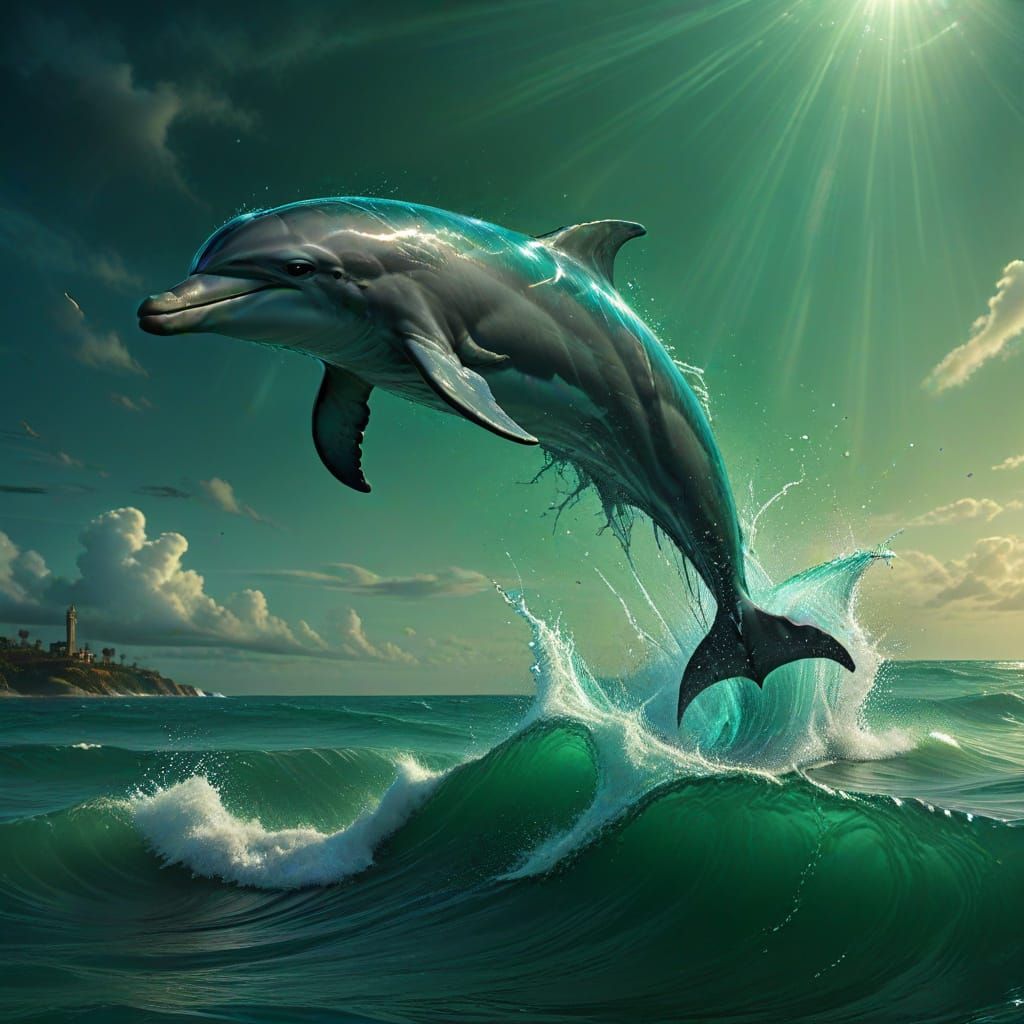 Dolphin Leaping from Emerald Sea: Cinematic Digital Matte Pa...