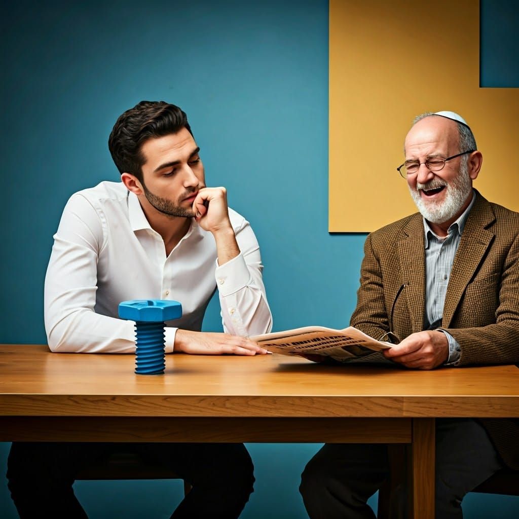 Office Scene with Giant Screw, Minimalist Style