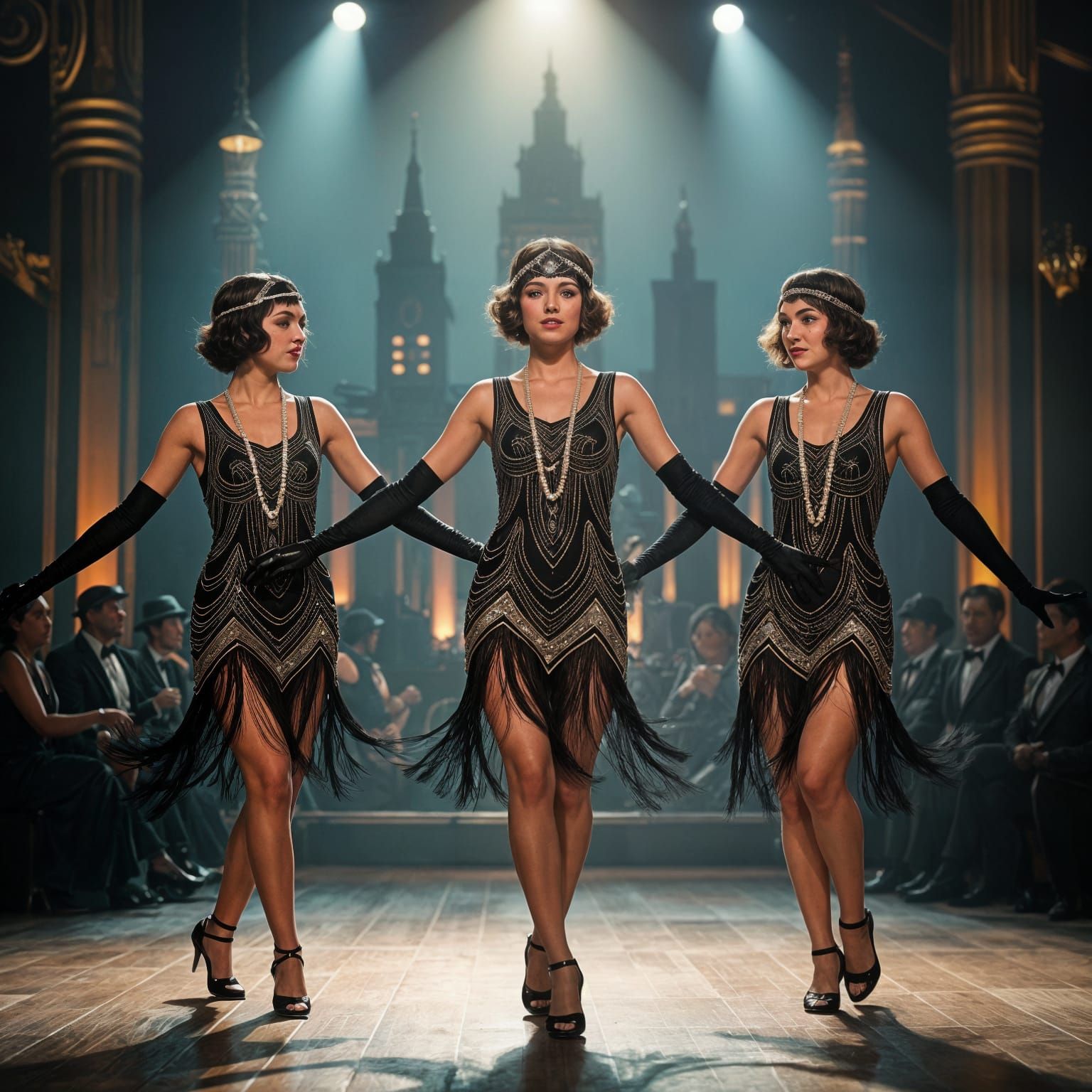1920s Flapper Dancers in Art Deco Cityscape