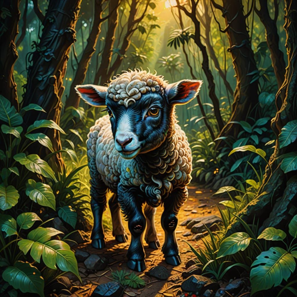 Little Lamb in Jungle Watched by Sinister Eyes