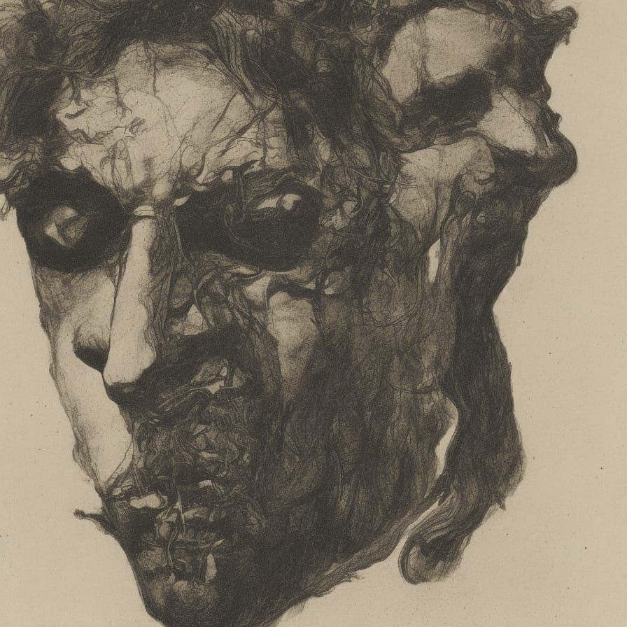 Surreal Man in Masks, Etching Style