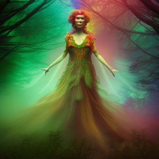 Rainbow Banshee Portrait in Enchanted Forest