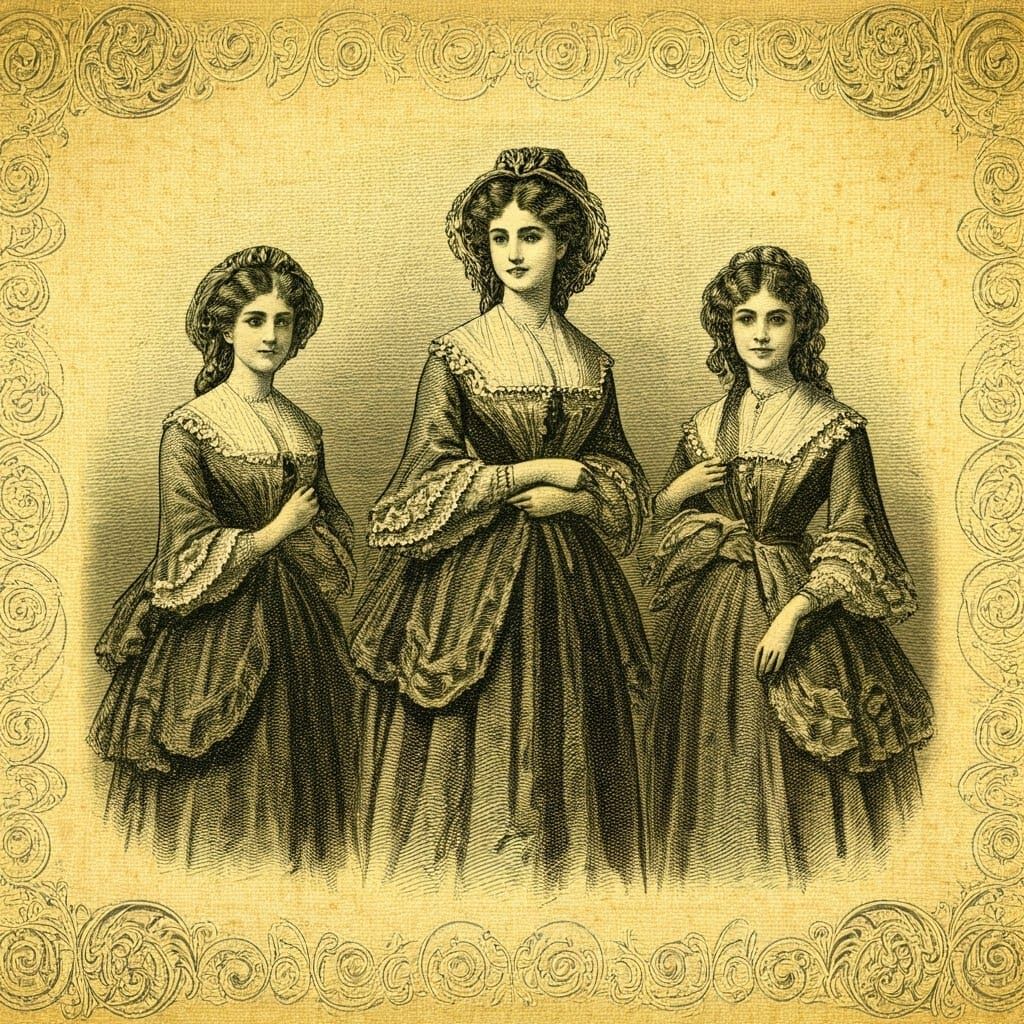 Vintage Victorian Drawing of Cottagecore Women