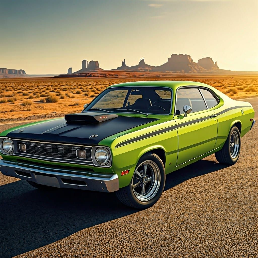 Vibrant Lime Green Muscle Car in Desert Landscape