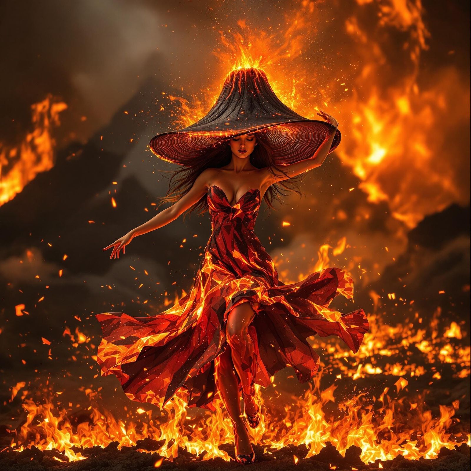 Woman in Lava Dress with Volcano Hat