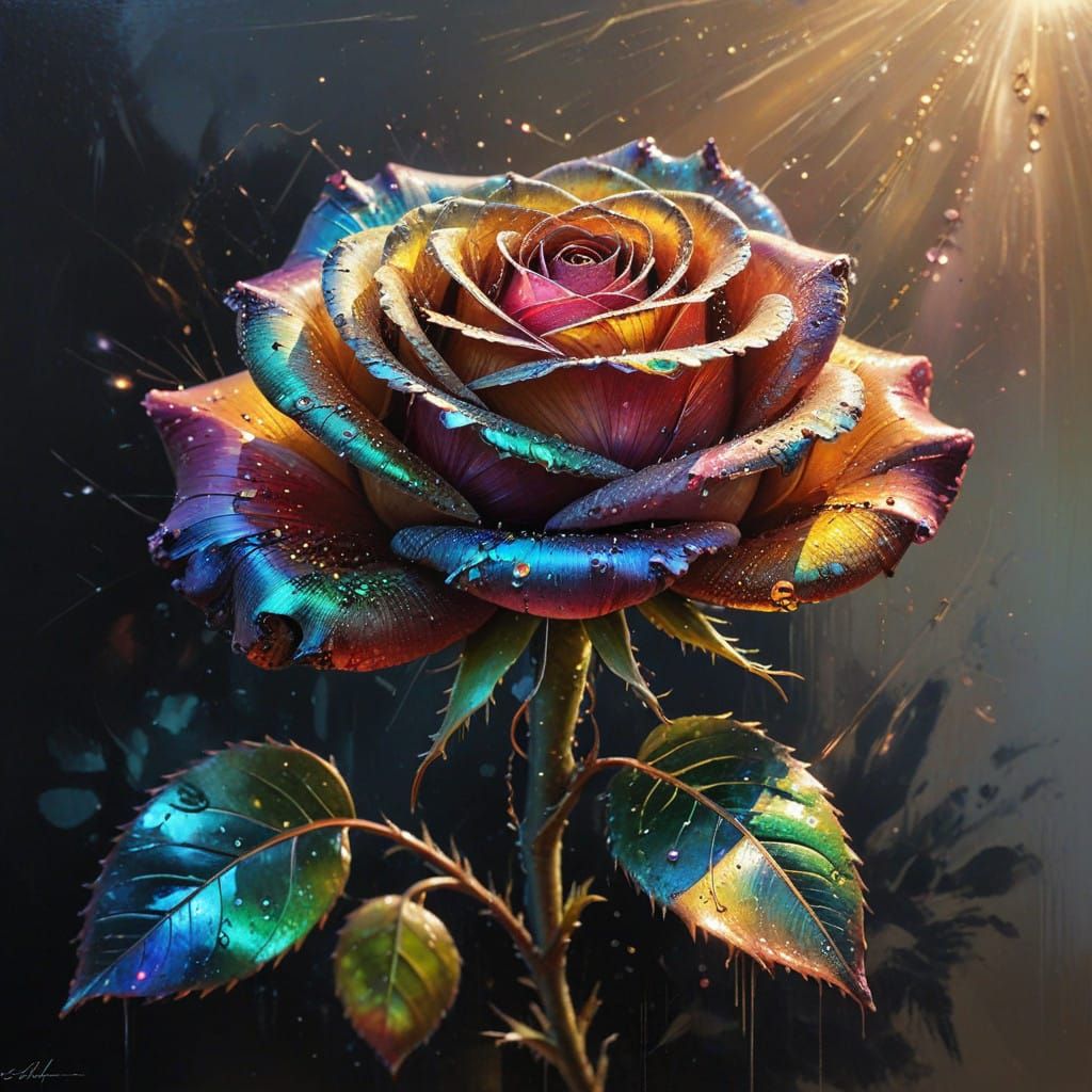 Sparkling Rainbow Rose in Vintage Oil Painting Style