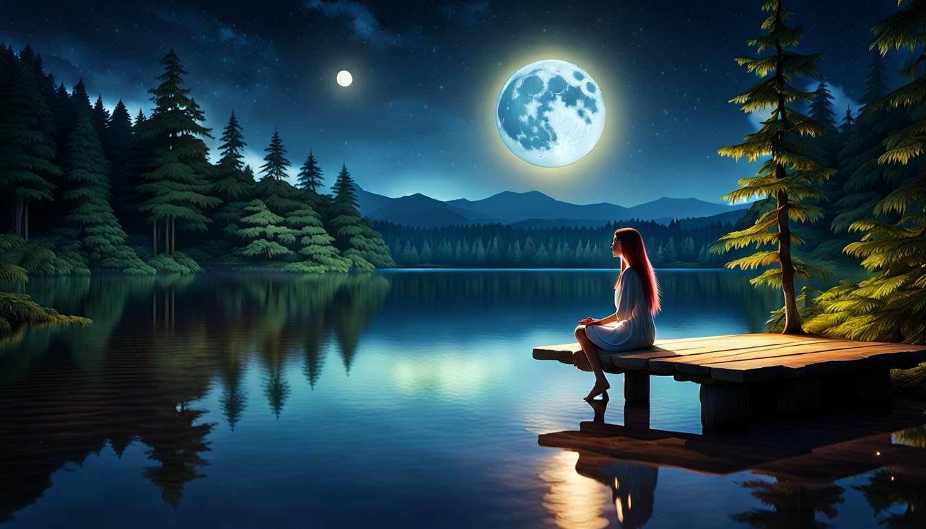 Woman Gazing at Moon Over Lake at Night