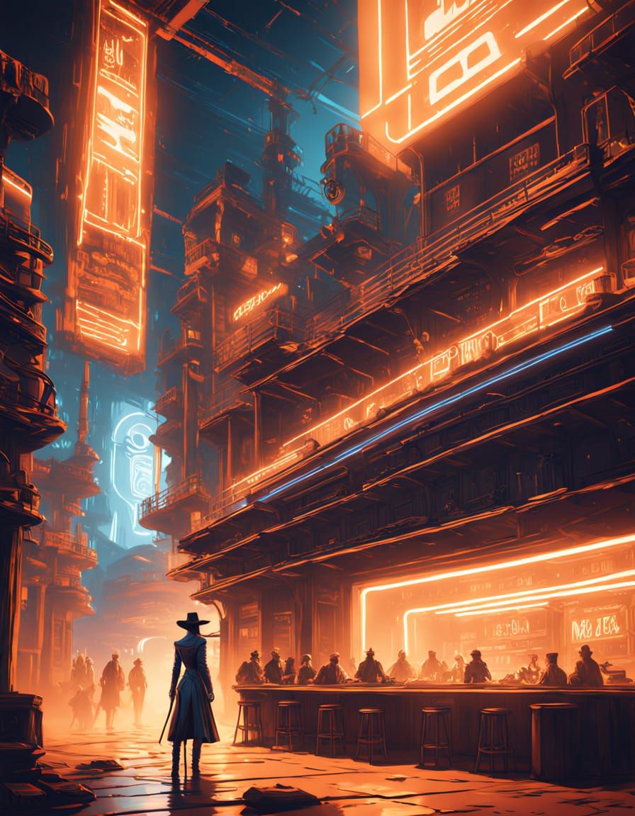 Futuristic Western Saloon Scene in Neon Hues