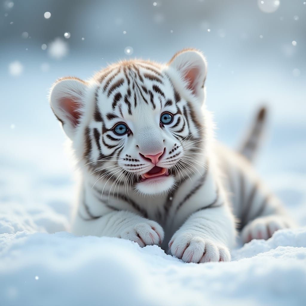 Hyper Realistic White Tiger Cub Smiles in Snowy Wonderland