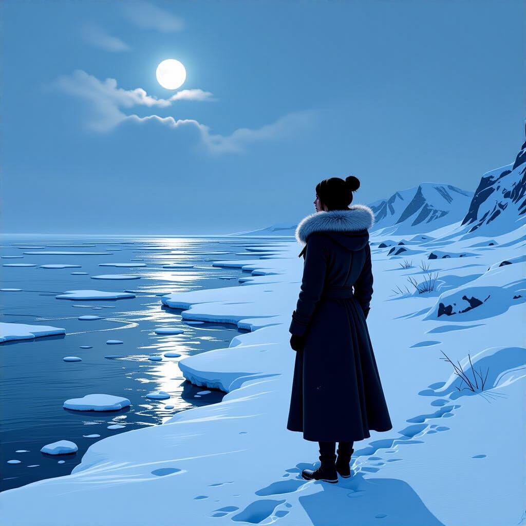 Serene Woman on Frozen Shore Under Soft Moonlight