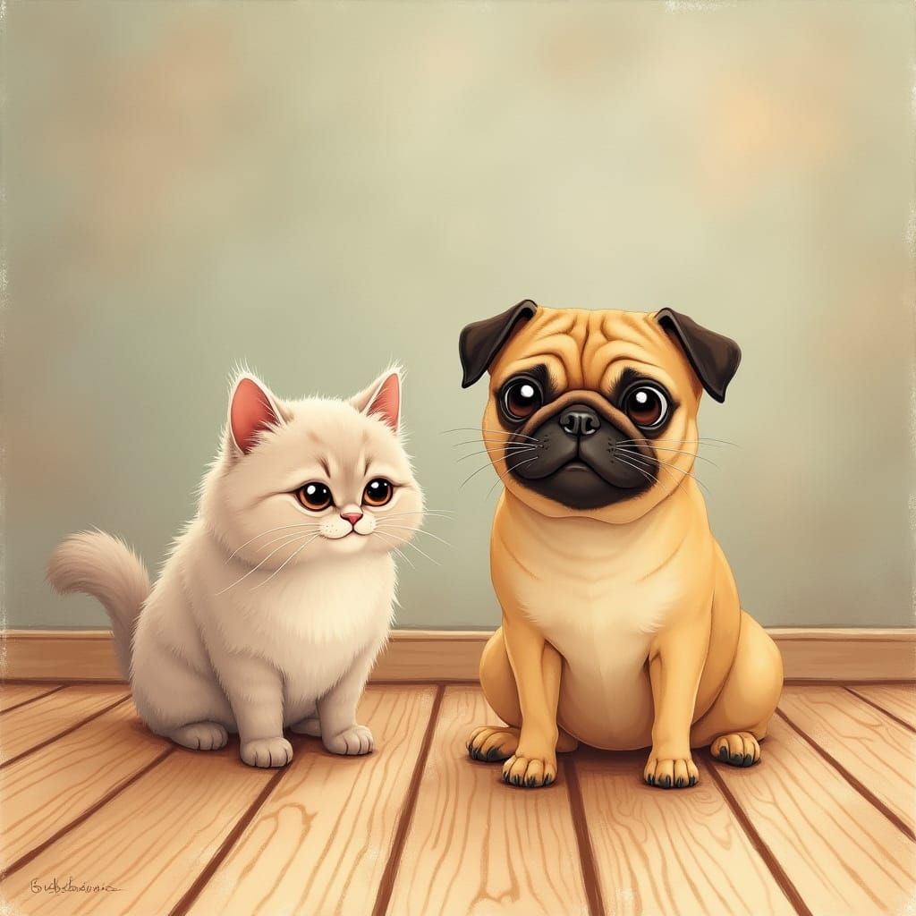 Whimsical Apricot Pug and Lilac Persian Cat in Cozy Watercol...