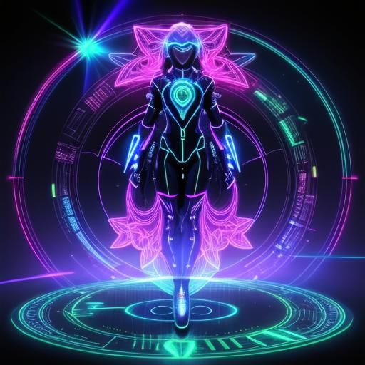 Neon Hologram Humanoid with Laser Weapon