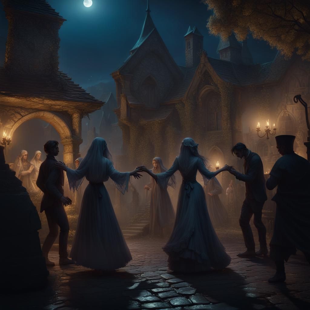 ethereal dance taking place in the moonlit village center, with ghostly couples waltzing among the gravestones.