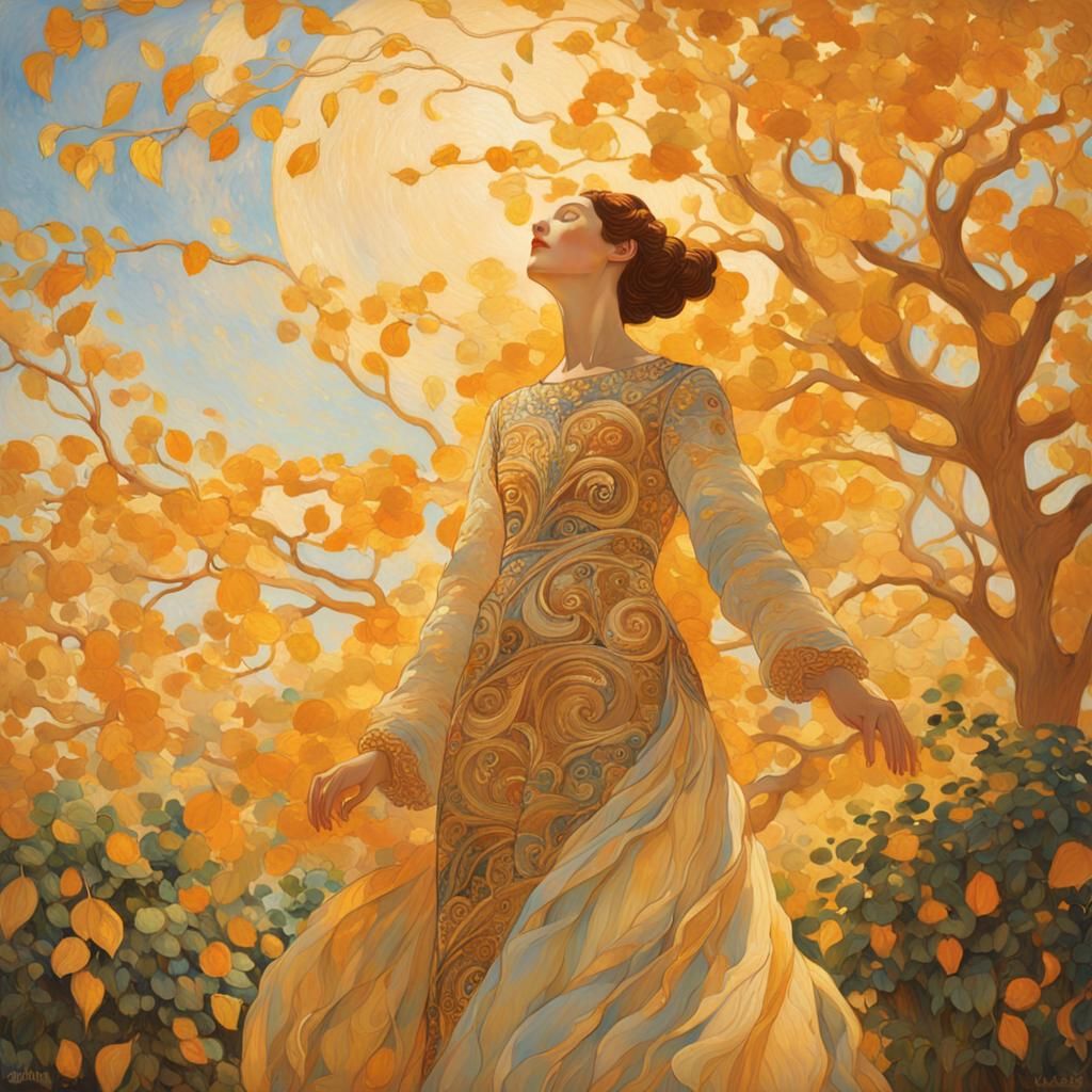 Gilded Art Nouveau Woman in Sunlit Garden