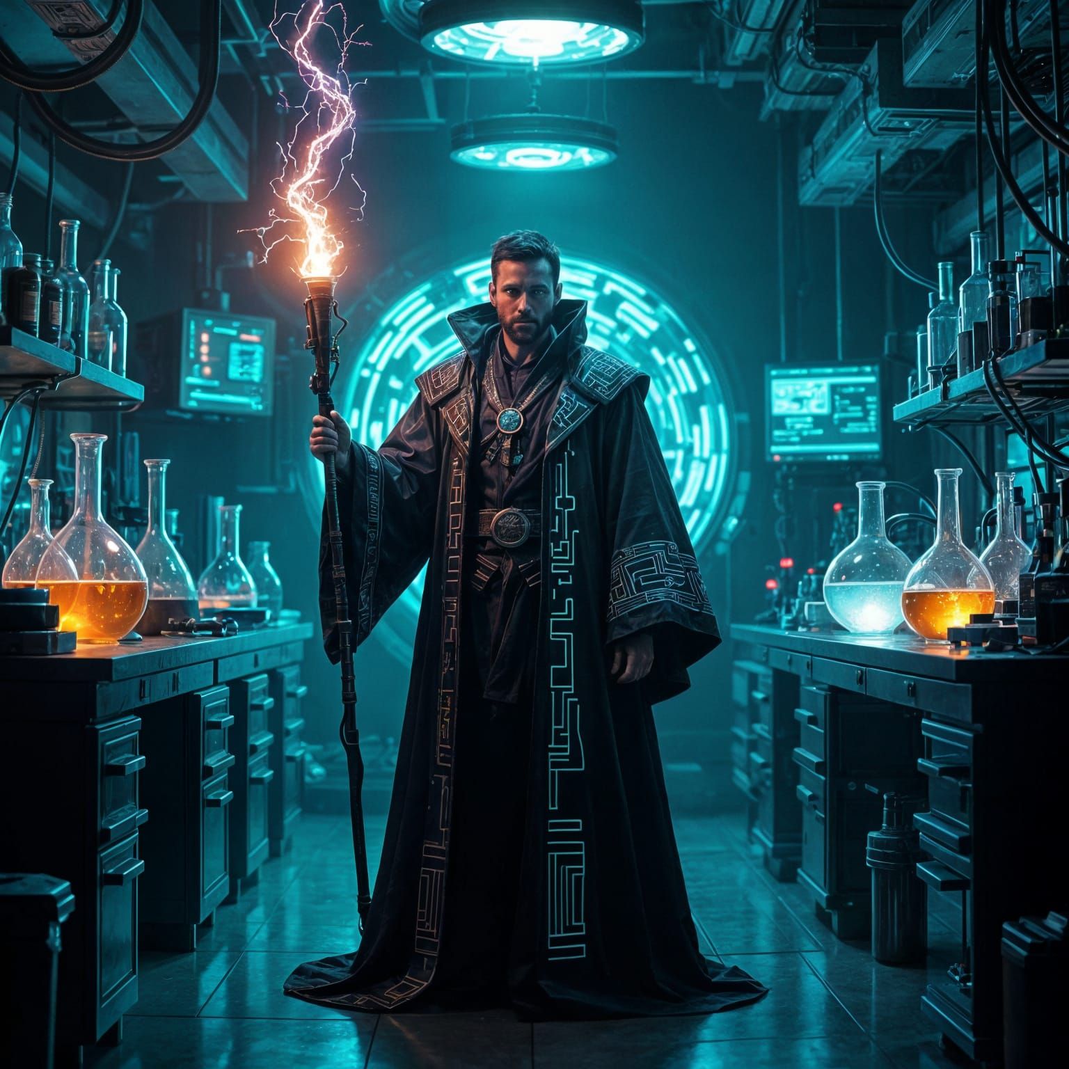 Techno Magician in Futuristic Lab, Digital Matte Painting