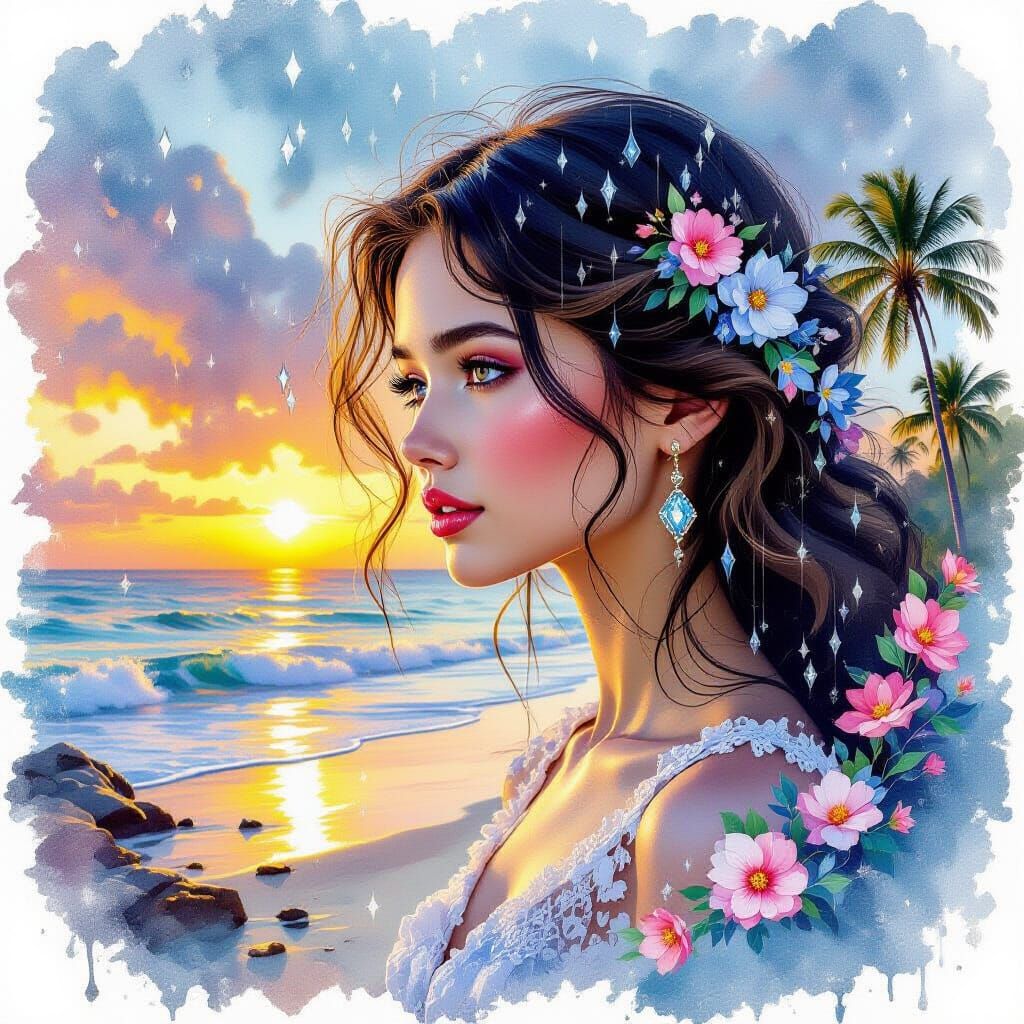 Surreal Girl in Diamond Rain: Watercolor Collage