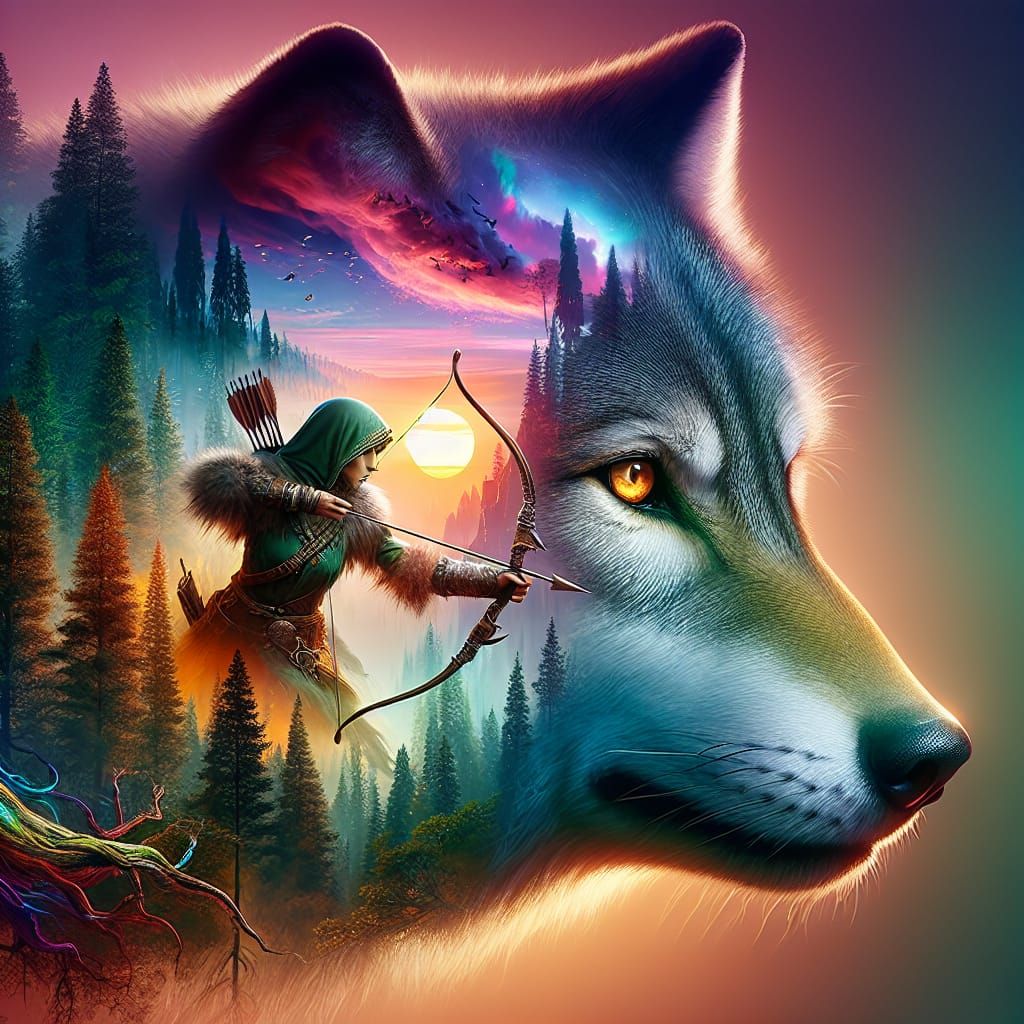 Mystical Wolf Double Exposure with Hunter in Forest