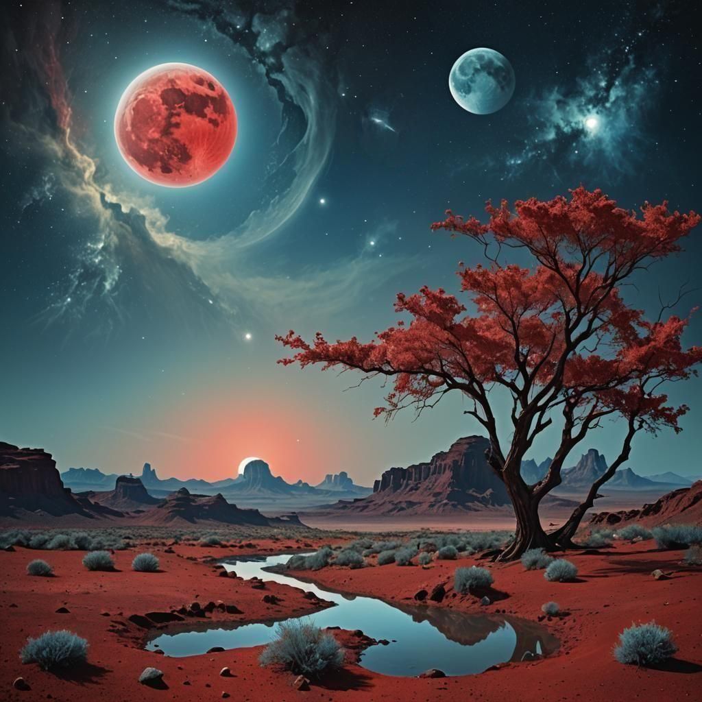 Otherworldly Landscape with Two Moons in Photoillustration