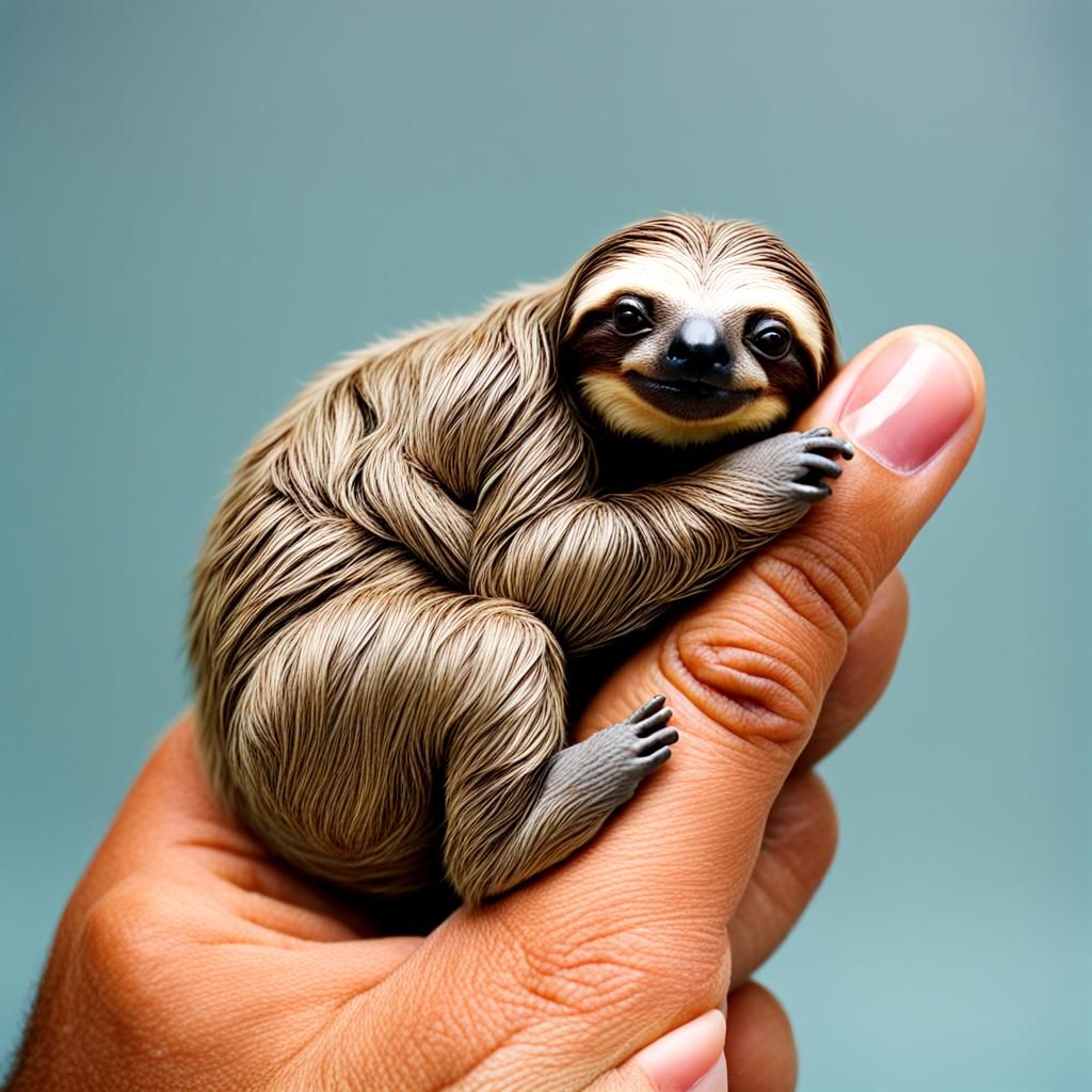 Miniature Sloth Clinging to a Thumb