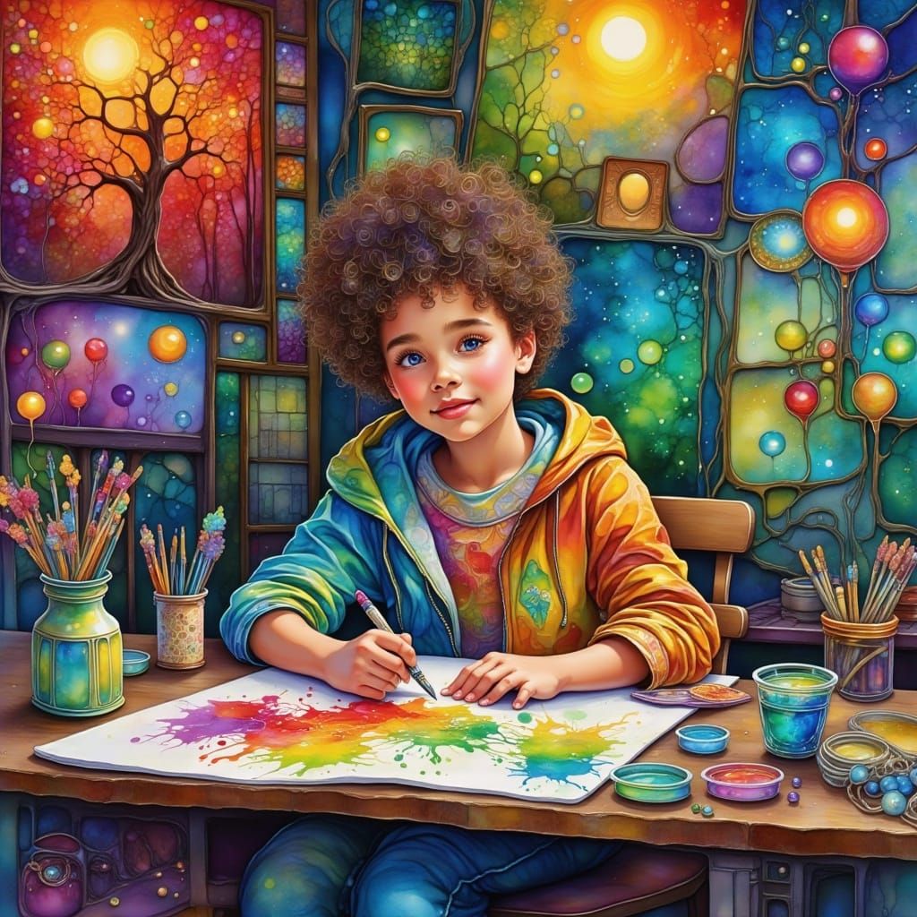 Determined Young Artist in Vibrant, Whimsical Style
