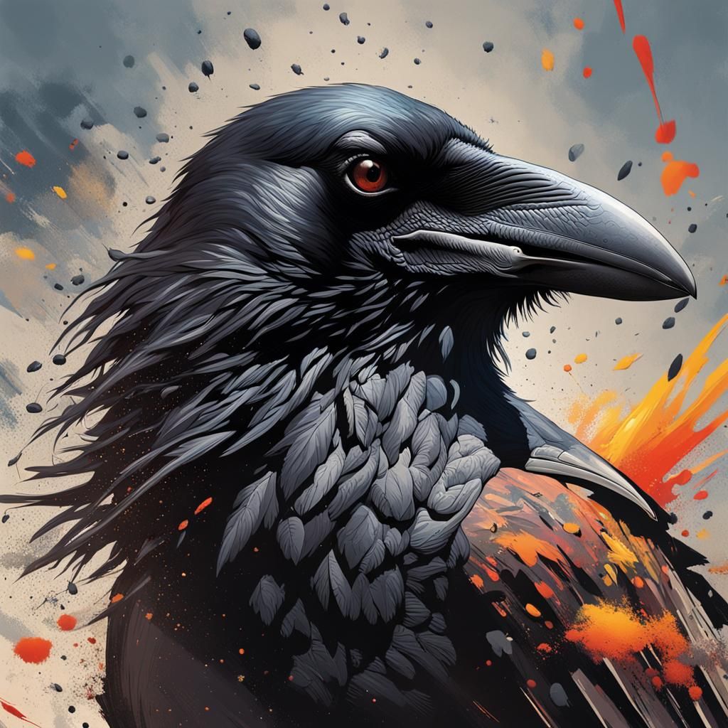 Crow Turning to Dust: Hyperrealistic Splash Art