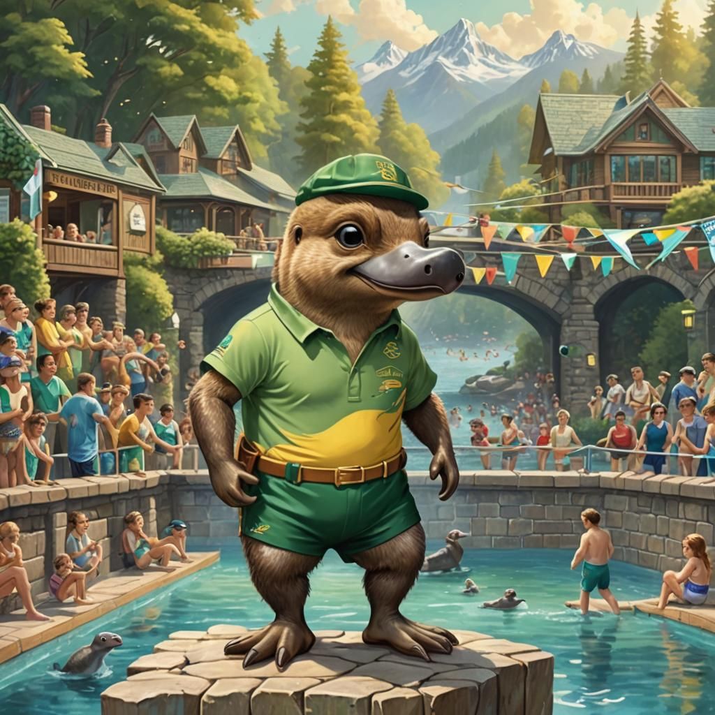 Cartoon Platypus Ready for Olympic Swim Race