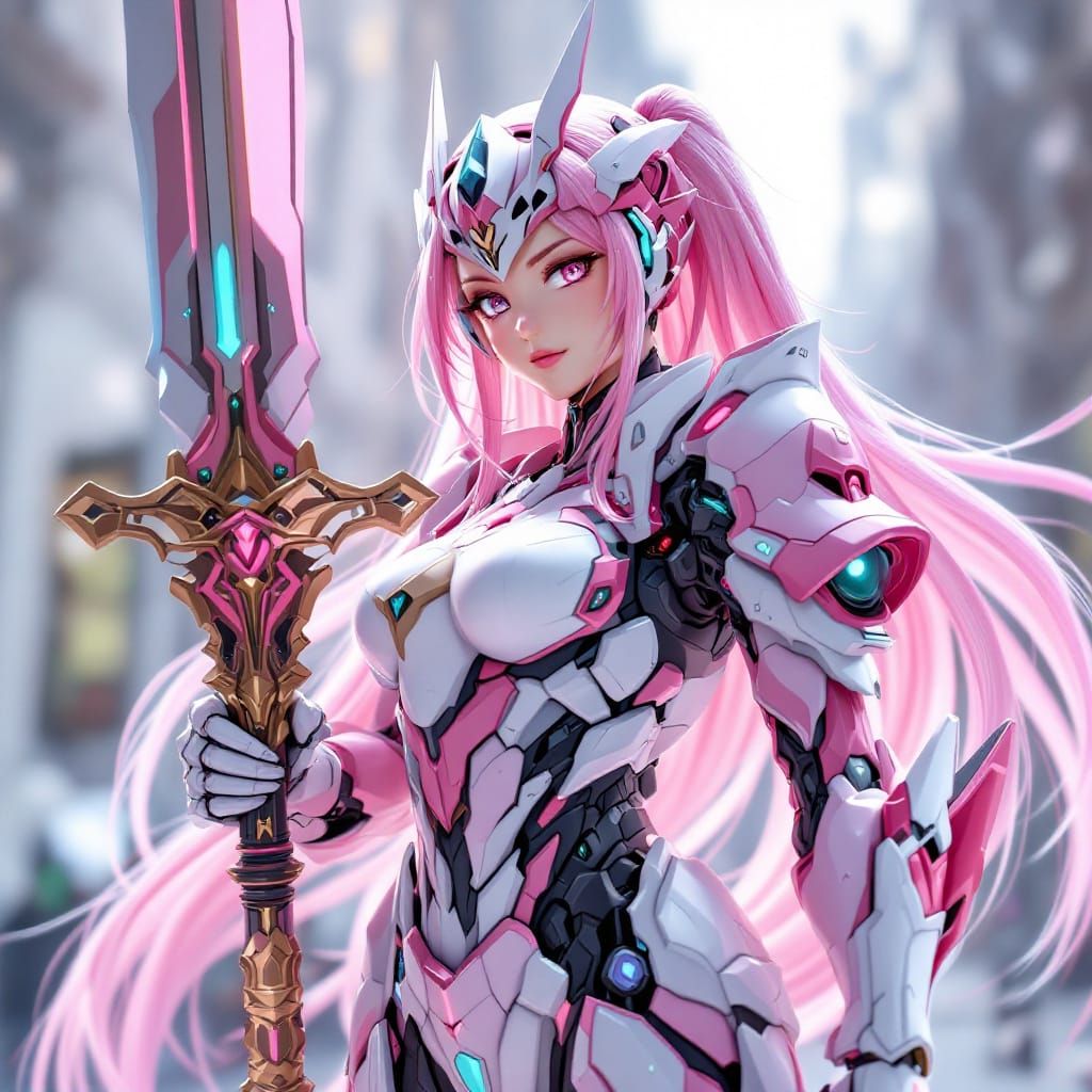 Mecha Girl in Pink Power Armor Ready for Battle