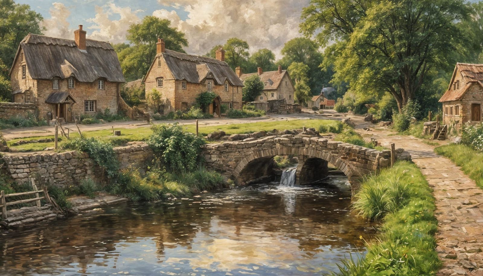 Idyllic English Village Millpond in Oil Painting Style