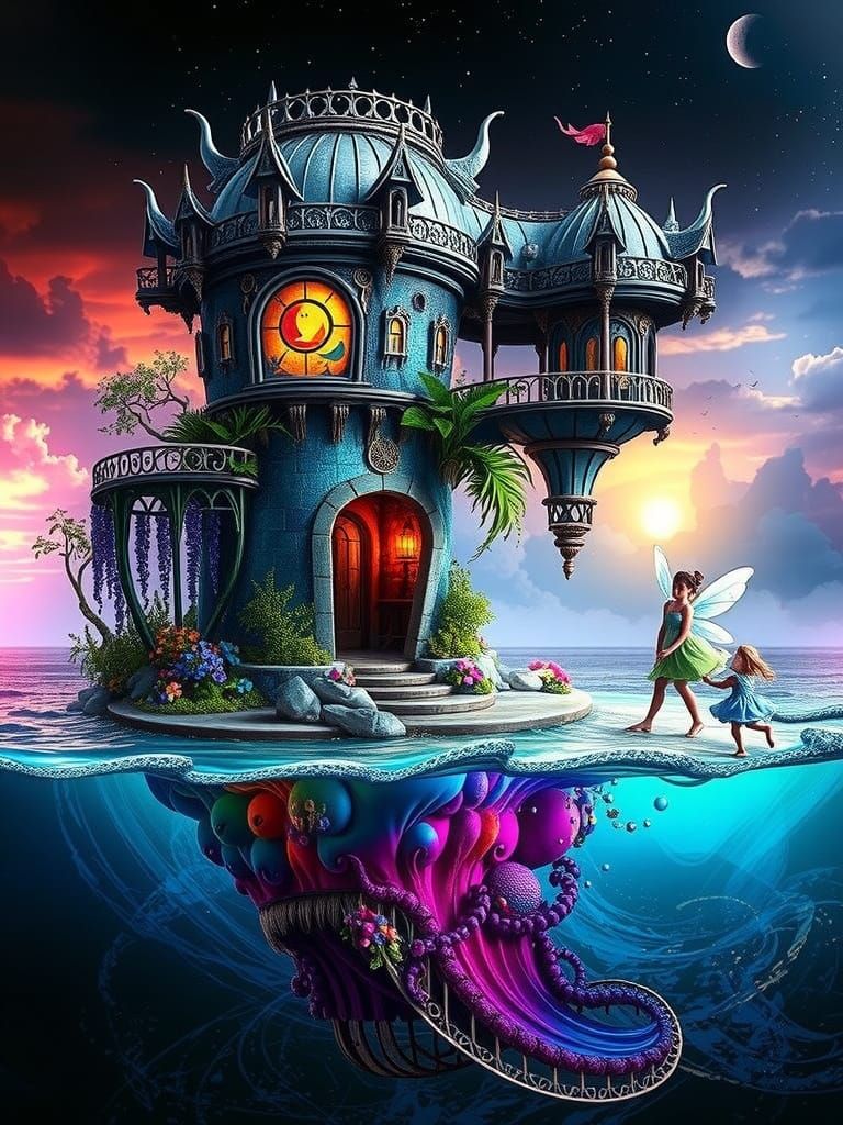 A stately, fairytale-inspired fairy castle house with delicate turrets and grandiose architecture, stands proudly atop a...