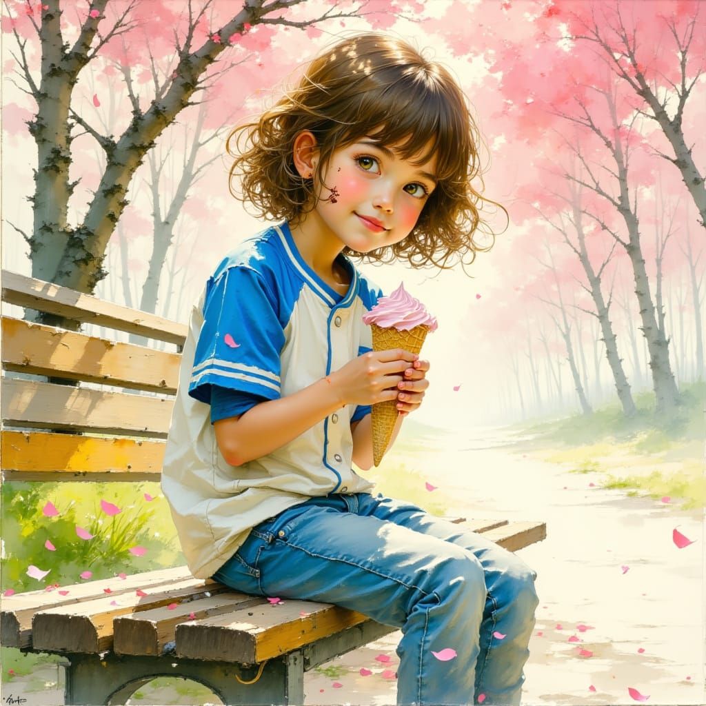 Girl Eating Ice Cream in Springtime Watercolor Style