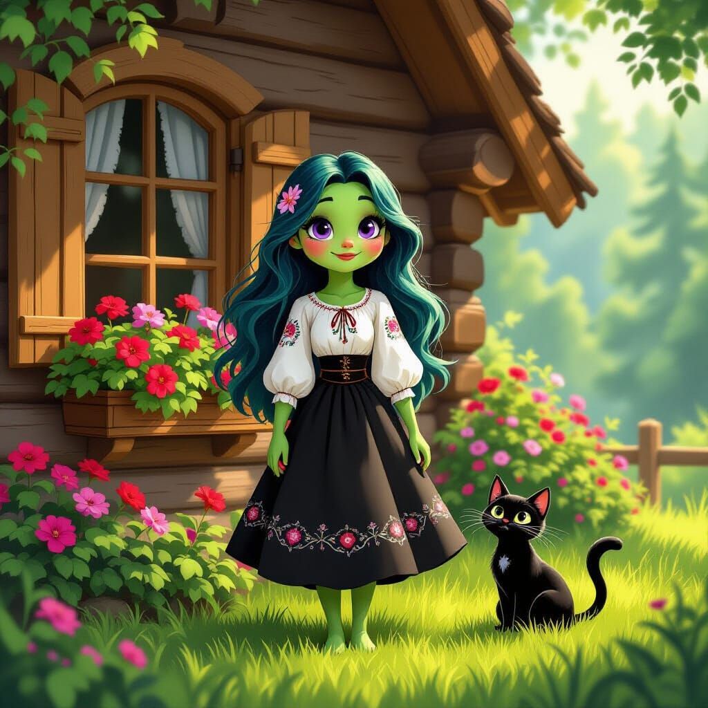 Young Green Witch in Forest Cottage, Disney Animation Style