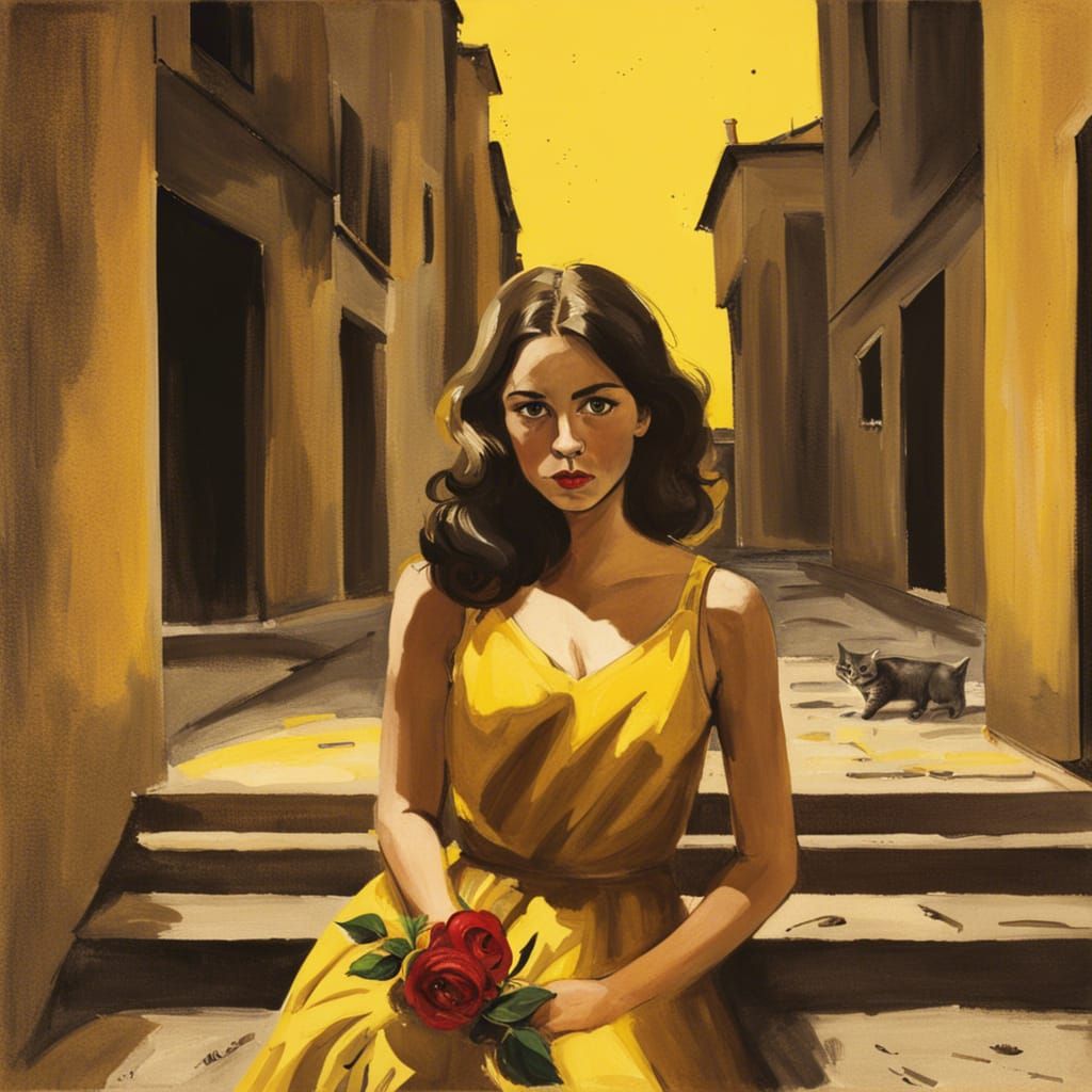 Girl with Roses and Kitten in Modern Art Style