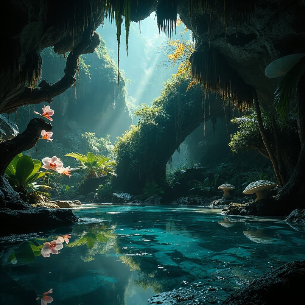 Bioluminescent Grotto in Tropical Rainforest