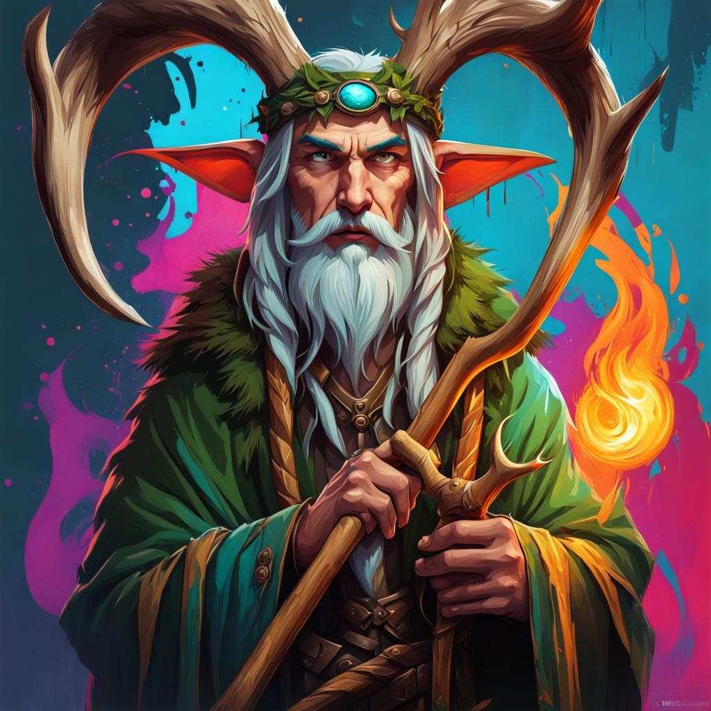 Elf Druid with Antler Staff in Graffiti Art