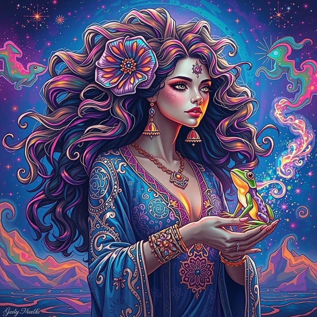 Goddess of the Cosmos in Vibrant, Iridescent Attire