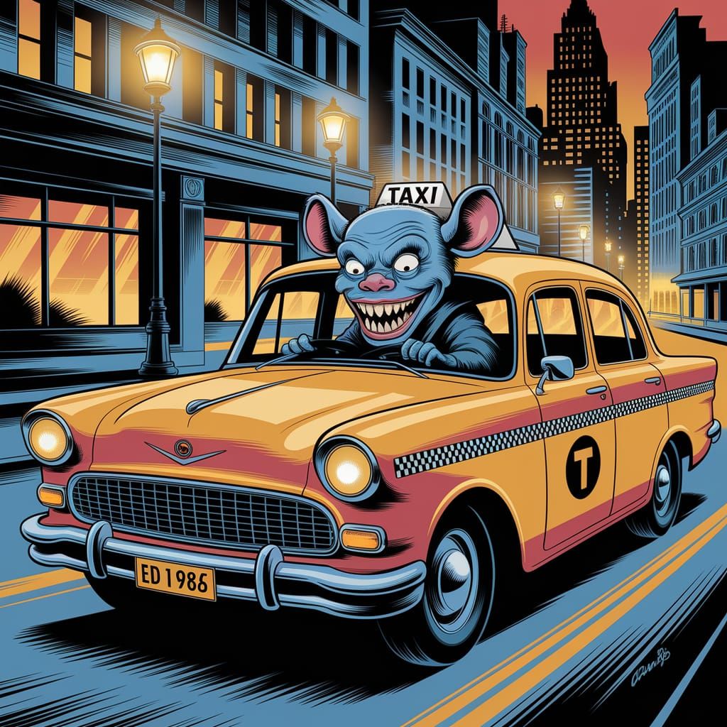 Grotesque RatFink Monster Drives Yellow Taxi in Retro Urban ...