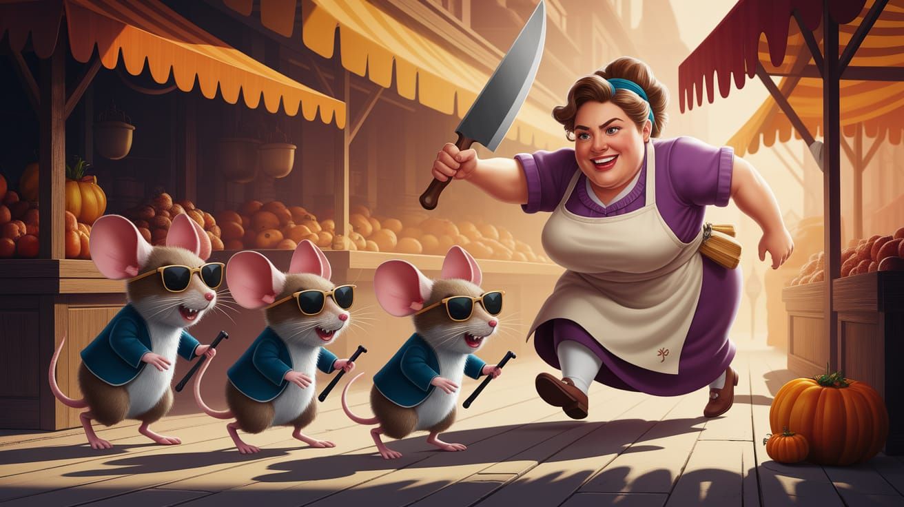 Whimsical Butcher's Wife Chases Mice in Fantasy Market