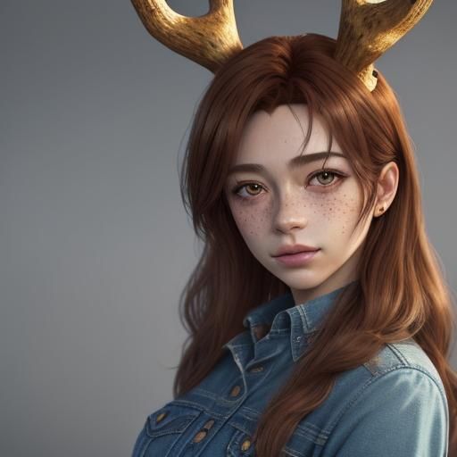 Anime Woman with Antlers in Fantasy Landscape