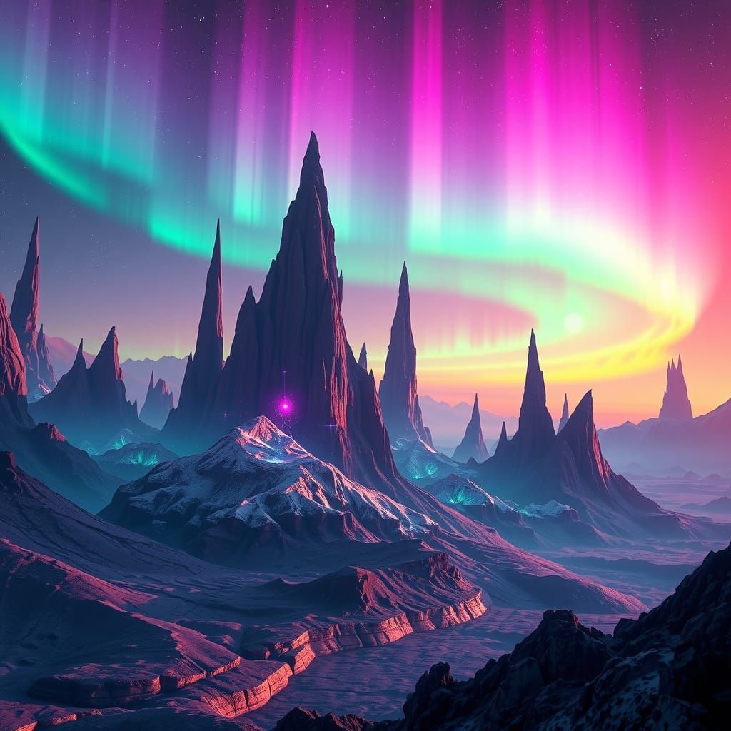 Ethereal Futuristic World with Glowing Spires and Iridescent...