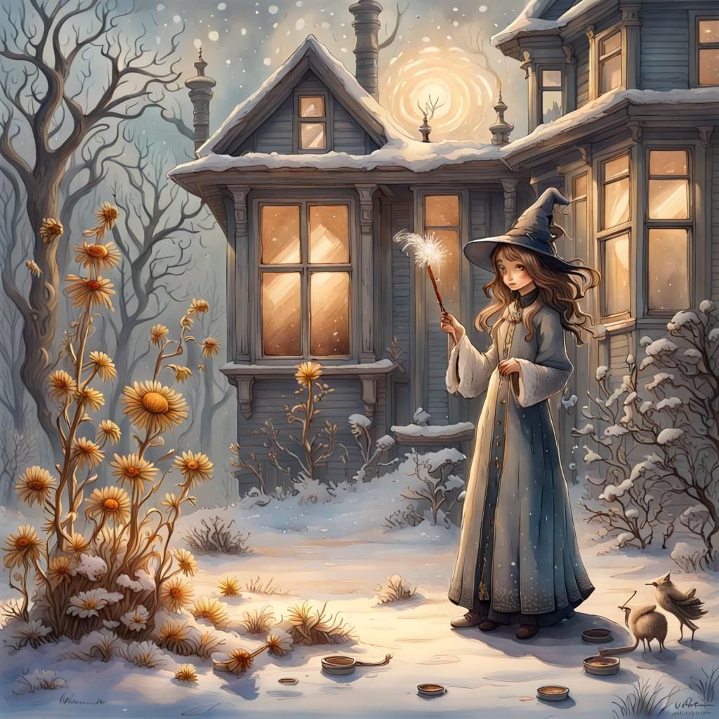 Kind Sorceress Casting Spells, Gouache Watercolor