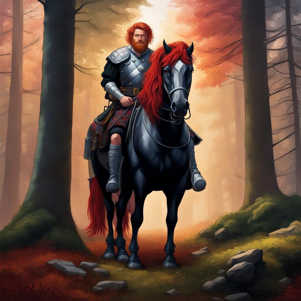 Scottish Highlander and Black Horse in Forest