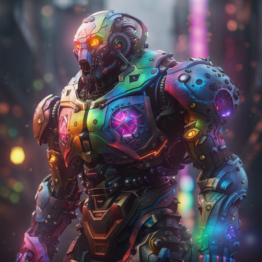 Rainbow Cyborg Golem: Detailed Fantasy Concept Art