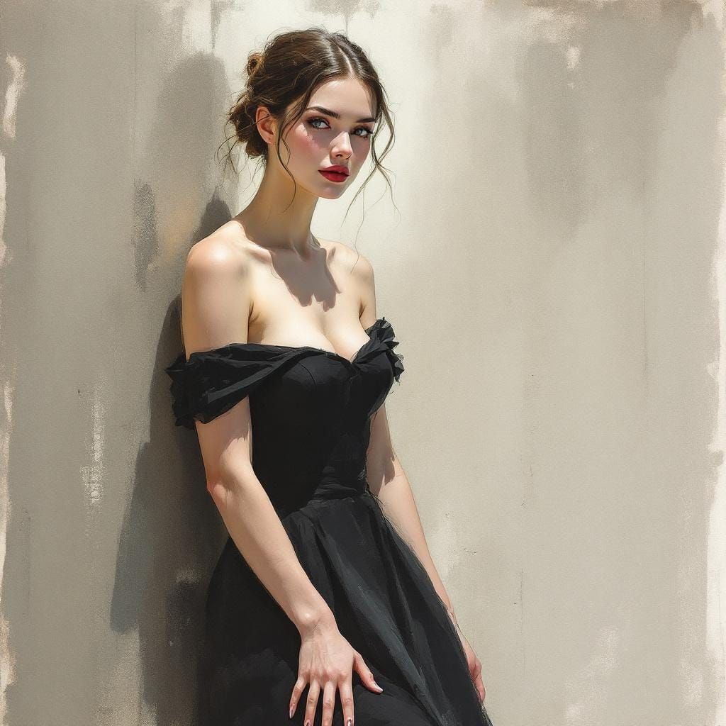 Elegant Woman in Black Dress: Vintage Illustration Aesthetic