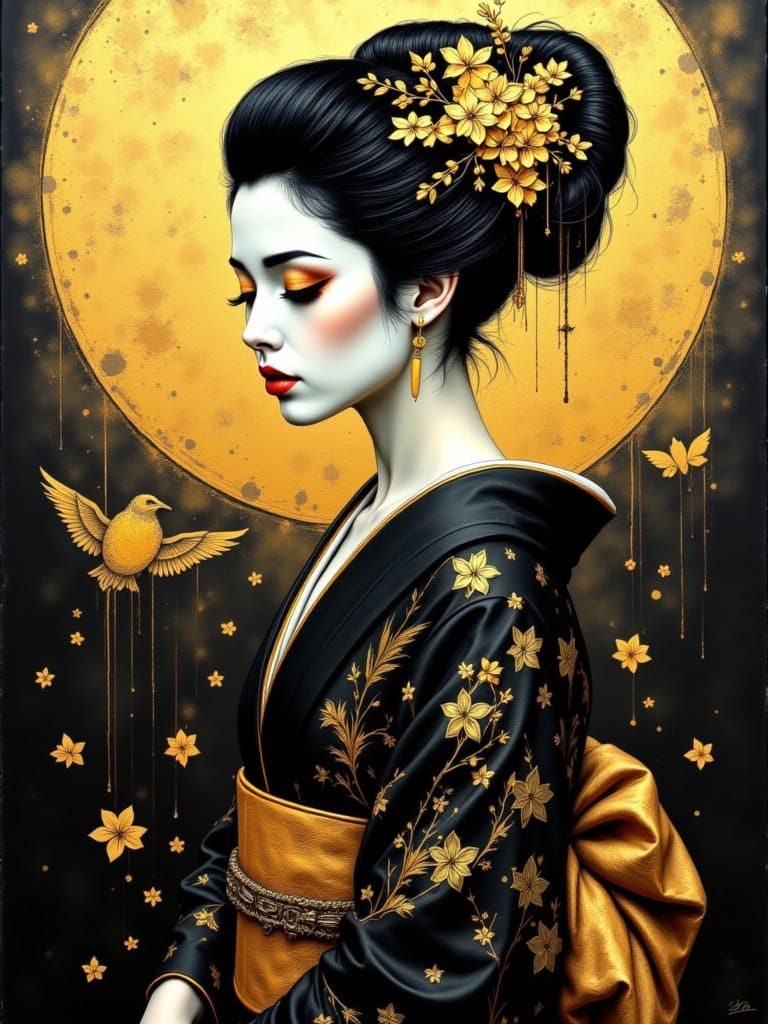 Ethereal Gothic Geisha at Sunset in Burnished Gold